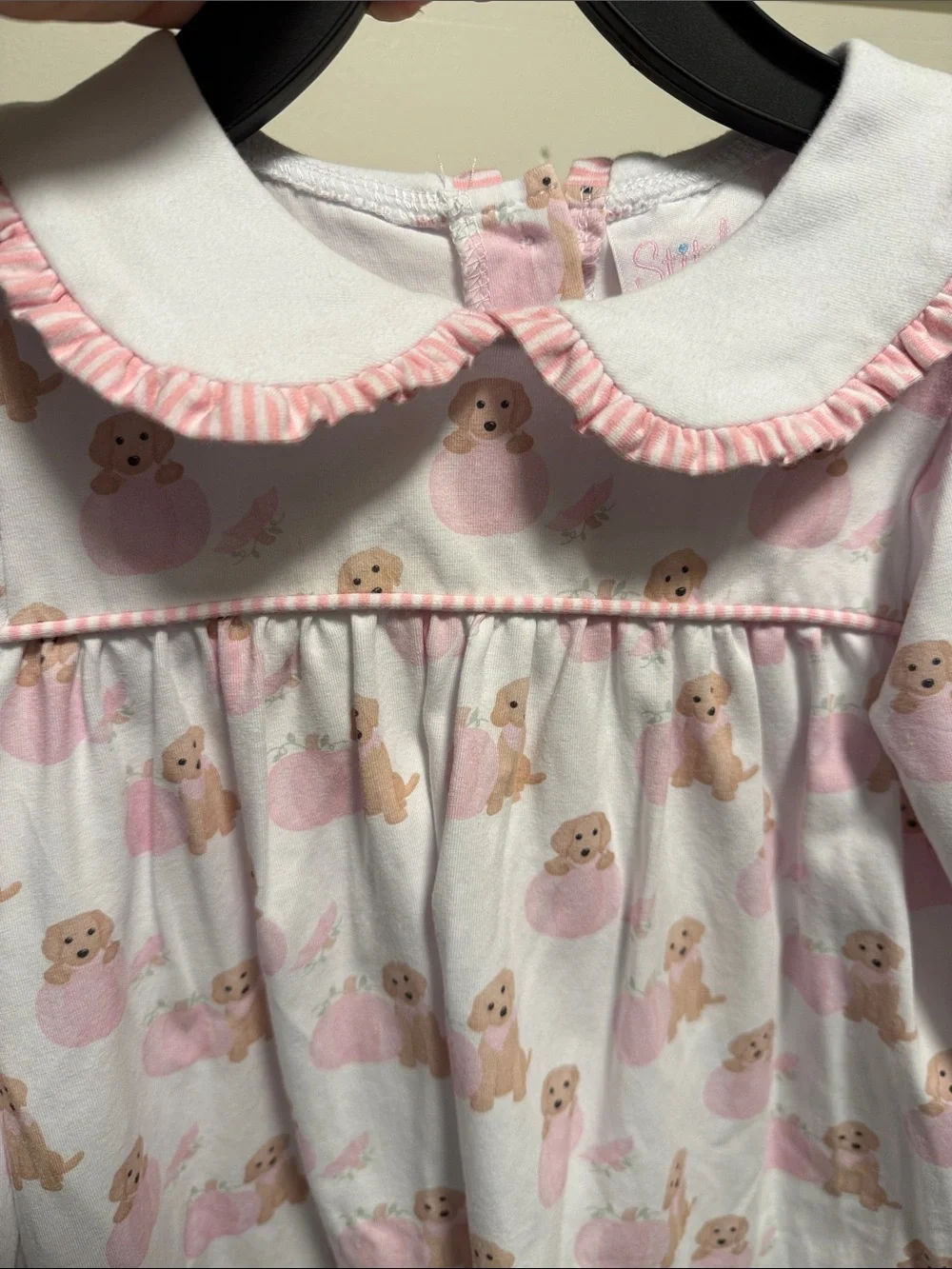 Little Girls Pink Puppy and Pumpkin Print Long-Sleeve Dress with Peter Pan Colla